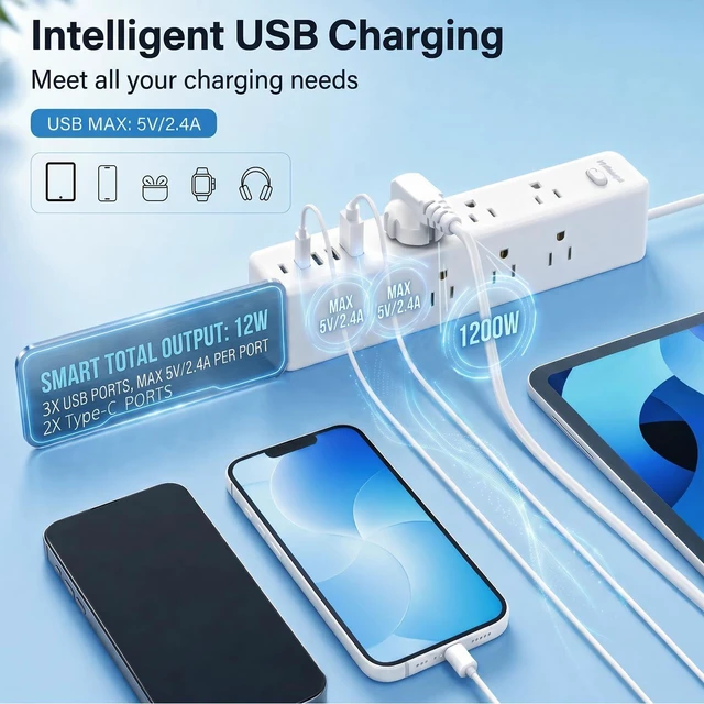Alt view image 4 of 7 - Surge Protector Power Strip with 9 Outlets and 5 USB Ports (2 USB C), Extension Cord with Multiple Outlets, Flat Plug Power Strip 10 Ft Long for Home Office Desktop (White, 10FT)