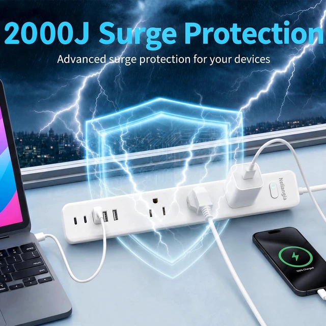 Alt view image 5 of 7 - Surge Protector Power Strip with 9 Outlets and 5 USB Ports (2 USB C), Extension Cord with Multiple Outlets, Flat Plug Power Strip 10 Ft Long for Home Office Desktop (White, 10FT)