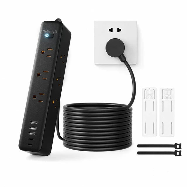 Main image of Surge Protector Power Strip with 9 Outlets and 5 USB Ports (2 USB C), Extension Cord with Multiple Outlets, Flat Plug Power Strip 10 Ft Long for Home Office Desktop