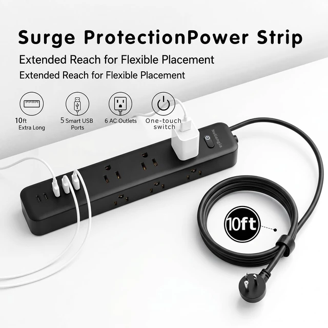 Alt view image 2 of 7 - Surge Protector Power Strip with 9 Outlets and 5 USB Ports (2 USB C), Extension Cord with Multiple Outlets, Flat Plug Power Strip 10 Ft Long for Home Office Desktop