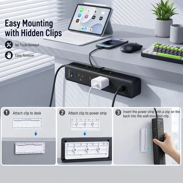 Alt view image 4 of 7 - Surge Protector Power Strip with 9 Outlets and 5 USB Ports (2 USB C), Extension Cord with Multiple Outlets, Flat Plug Power Strip 10 Ft Long for Home Office Desktop