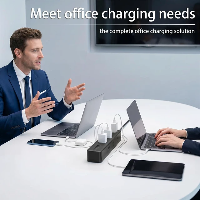 Alt view image 6 of 7 - Surge Protector Power Strip with 9 Outlets and 5 USB Ports (2 USB C), Extension Cord with Multiple Outlets, Flat Plug Power Strip 10 Ft Long for Home Office Desktop