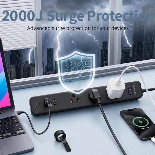 Alt view image 7 of 7 - Surge Protector Power Strip with 9 Outlets and 5 USB Ports (2 USB C), Extension Cord with Multiple Outlets, Flat Plug Power Strip 10 Ft Long for Home Office Desktop