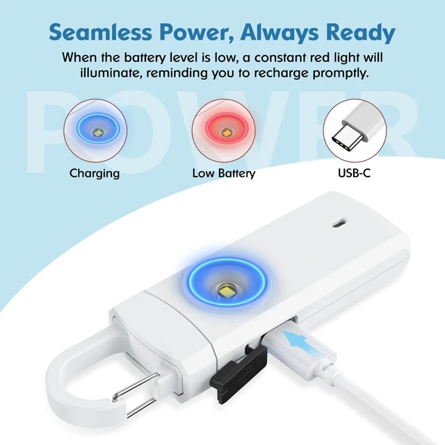 Alt view image 3 of 7 - Rechargeable Personal Alarms for Women - Christmas Birthday Gifts for Women, Stocking Stuffers for Teen Girl, Daughter, Safety Keychain Flashlight, Siren Alarm, Travel College Essentials (White)