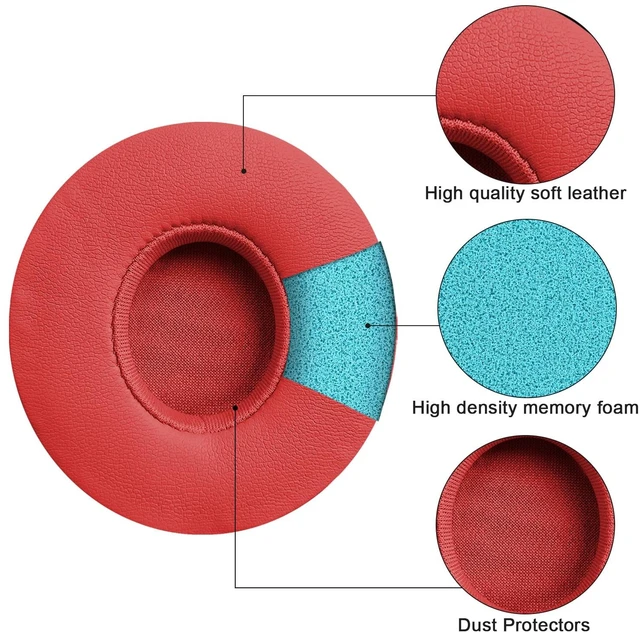 Alt view image 4 of 5 - Replacement Ear Pads for Beats Solo 2 & Solo 3 Wireless On-Ear Headphones, Replacement EarPads Cushions Headphones Covers with Memory Noise Isolation Foam Softer Leather (Red)