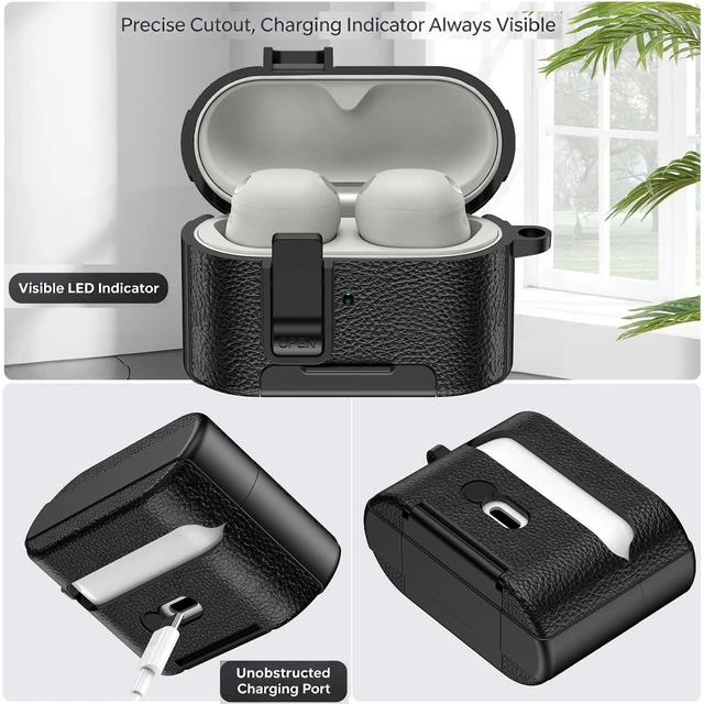 Alt view image 3 of 7 - for Sony WF-1000XM6 Case Cover,TPU with Faux Leather Texture Protective Case Cover with Carabiner and Cleaning Kit,Phone Stand and Safety Lock Function (Black-Green)