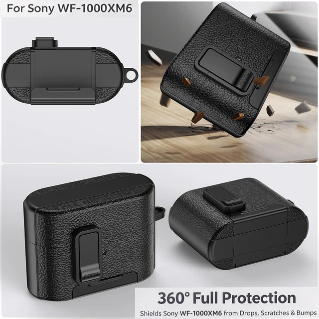 Alt view image 2 of 7 - for Sony WF-1000XM6 Case Cover,TPU with Faux Leather Texture Protective Case Cover with Carabiner and Cleaning Kit,Phone Stand and Safety Lock Function (Black-Green)