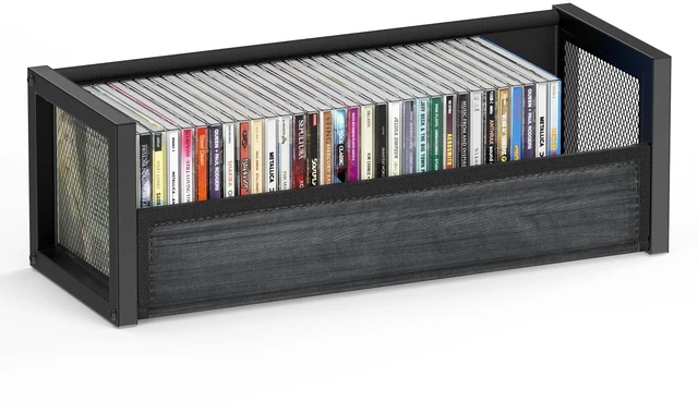 Main image of CD Storage Box Case Rack Fits 40 CDs Small Space (Black, 1 PCS) Sturdy metal construction, Black classic wood-grain front, Dual magnets on front flap, Non-slip pad, for Tower and Cabinet