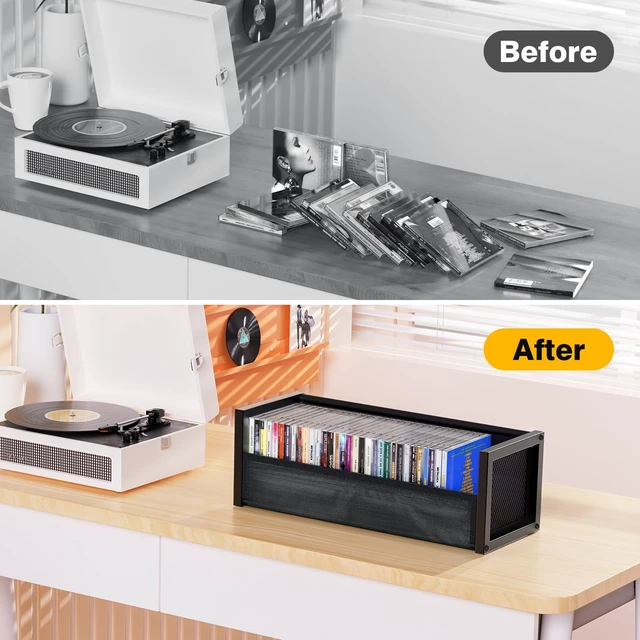 Alt view image 7 of 7 - CD Storage Box Case Rack Fits 40 CDs Small Space (Black, 1 PCS) Sturdy metal construction, Black classic wood-grain front, Dual magnets on front flap, Non-slip pad, for Tower and Cabinet