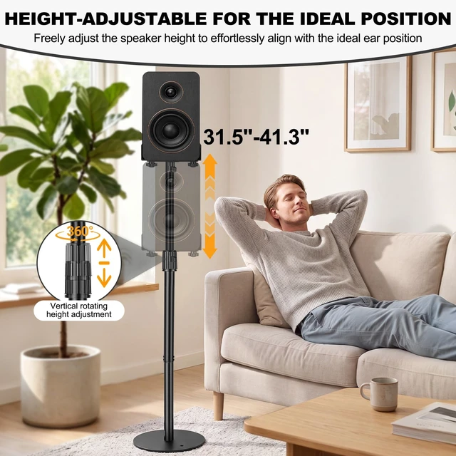Alt view image 2 of 7 - Universal Speaker Stands Pair 31.5" - 41.3" Height Adjustable Black Bookshelf Speaker Stands for Satellite & Studio Up to 22LBS Cable Concealing, Loaded Plate Extends to 9.1"