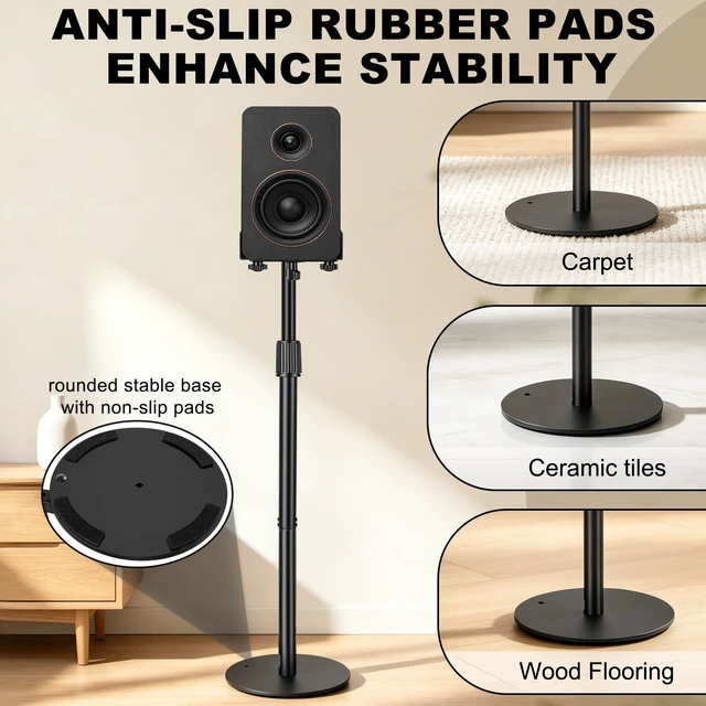 Alt view image 6 of 7 - Universal Speaker Stands Pair 31.5" - 41.3" Height Adjustable Black Bookshelf Speaker Stands for Satellite & Studio Up to 22LBS Cable Concealing, Loaded Plate Extends to 9.1"