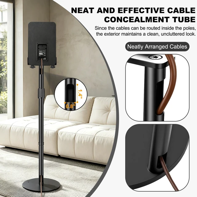 Alt view image 5 of 7 - Universal Speaker Stands Pair 31.5" - 41.3" Height Adjustable Black Bookshelf Speaker Stands for Satellite & Studio Up to 22LBS Cable Concealing, Loaded Plate Extends to 9.1"