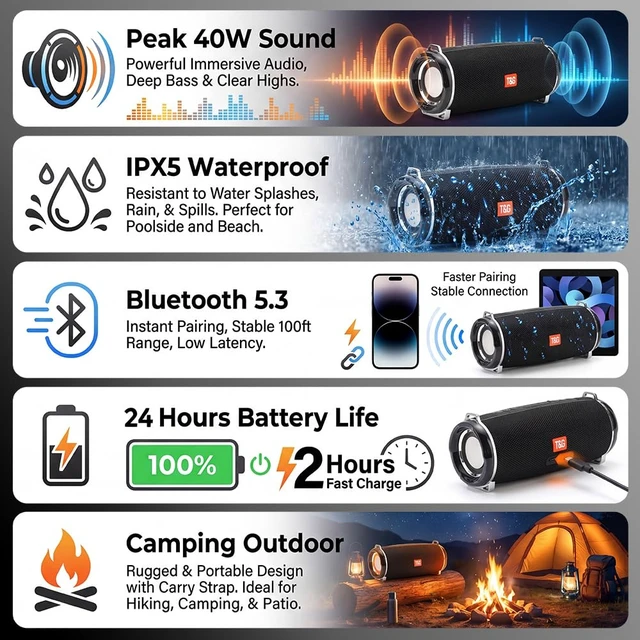 Alt view image 3 of 7 - Portable Ourdoor Speaker with Deepbass, IPX5 Waterproof Boombox 12H playtime, TWS pairing,Bike speaker with strap, FM radio, TF/ USB port. Ideal rugged gift for camping,Camouflage