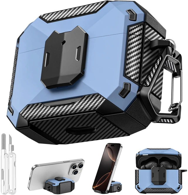 Main image of Case Cover for JBL Vibe Beam 2/JBL Vibe Beam with Lock & Phone Stand(Blue) Protective Cover for JBL Vibe 200TWS with Carabiner & Cleaner Kit for Men Women for JBL Vibe Beam 2 Charging Case