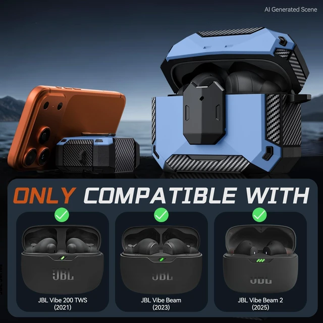 Alt view image 2 of 7 - Case Cover for JBL Vibe Beam 2/JBL Vibe Beam with Lock & Phone Stand(Blue) Protective Cover for JBL Vibe 200TWS with Carabiner & Cleaner Kit for Men Women for JBL Vibe Beam 2 Charging Case