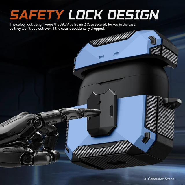 Alt view image 3 of 7 - Case Cover for JBL Vibe Beam 2/JBL Vibe Beam with Lock & Phone Stand(Blue) Protective Cover for JBL Vibe 200TWS with Carabiner & Cleaner Kit for Men Women for JBL Vibe Beam 2 Charging Case