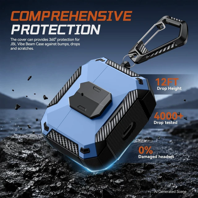 Alt view image 5 of 7 - Case Cover for JBL Vibe Beam 2/JBL Vibe Beam with Lock & Phone Stand(Blue) Protective Cover for JBL Vibe 200TWS with Carabiner & Cleaner Kit for Men Women for JBL Vibe Beam 2 Charging Case