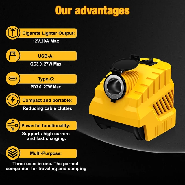 Alt view image 5 of 7 - 20V to 12V Step Down Converter for Dewalt 20V Battery DC 12V 20A 240W Buck Regulator with Cigarette Lighter USB A Type C Port for Car Truck RV LED Light Refrigerator DIY Tools