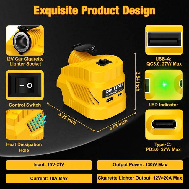 Alt view image 6 of 7 - 20V to 12V Step Down Converter for Dewalt 20V Battery DC 12V 20A 240W Buck Regulator with Cigarette Lighter USB A Type C Port for Car Truck RV LED Light Refrigerator DIY Tools