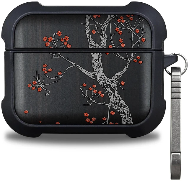 Main image of Black Solid Wood for AirPods Pro 3 Case (2025), Crimson Bloom AirPods Pro Case 3rd Generation, Titanium metal Quick Released Keychain, Compatible with Wireless Charging, Hand-Drawn Style