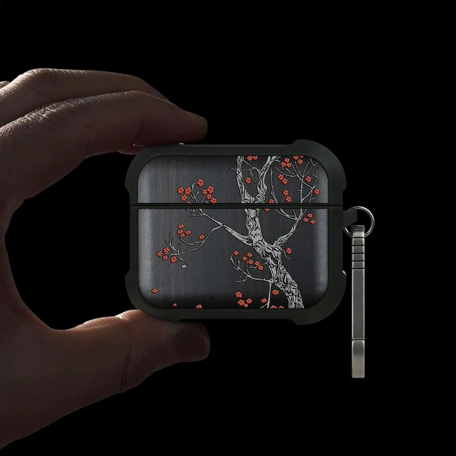 Alt view image 2 of 7 - Black Solid Wood for AirPods Pro 3 Case (2025), Crimson Bloom AirPods Pro Case 3rd Generation, Titanium metal Quick Released Keychain, Compatible with Wireless Charging, Hand-Drawn Style