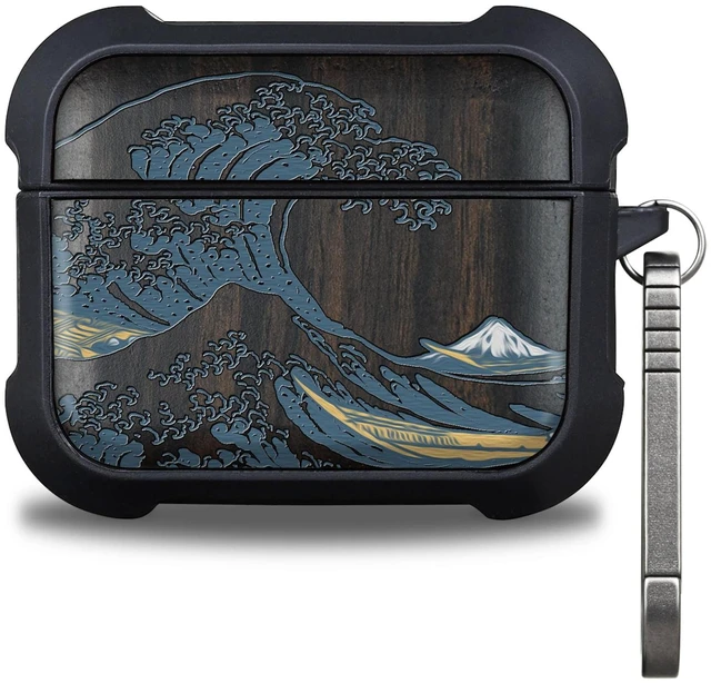 Main image of Black Solid Wood for AirPods Pro 3 Case (2025), Great Wave AirPods Pro Case 3rd Generation, Titanium metal Quick Released Keychain, Compatible with Wireless Charging, Hand-Drawn Style