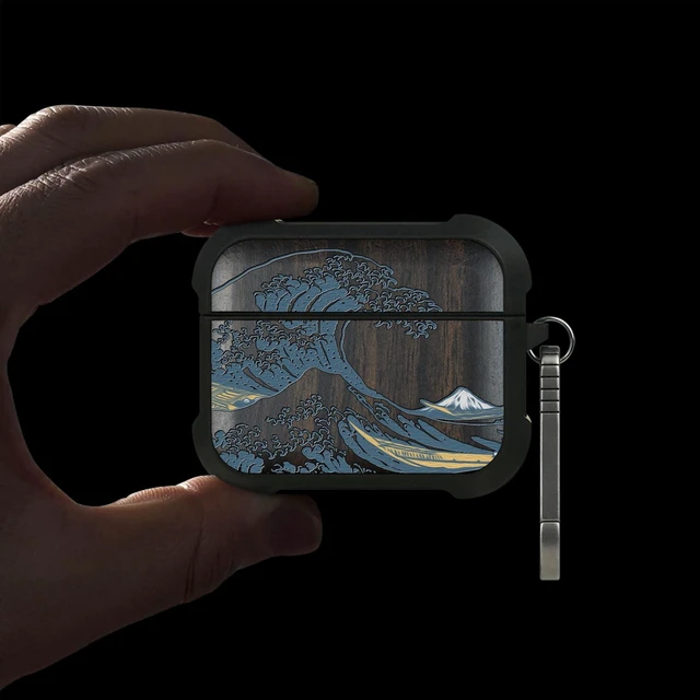 Alt view image 2 of 7 - Black Solid Wood for AirPods Pro 3 Case (2025), Great Wave AirPods Pro Case 3rd Generation, Titanium metal Quick Released Keychain, Compatible with Wireless Charging, Hand-Drawn Style