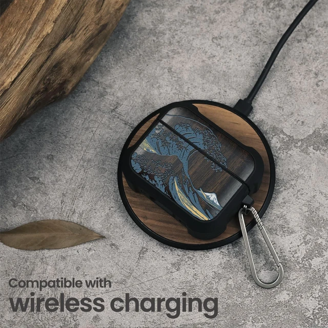 Alt view image 5 of 7 - Black Solid Wood for AirPods Pro 3 Case (2025), Great Wave AirPods Pro Case 3rd Generation, Titanium metal Quick Released Keychain, Compatible with Wireless Charging, Hand-Drawn Style