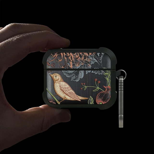 Alt view image 2 of 7 - Black Solid Wood for AirPods Pro 3 Case (2025), Botanical Birds AirPods Pro Case 3rd Generation, Titanium metal Quick Released Keychain, Compatible with Wireless Charging, Hand-Drawn Style