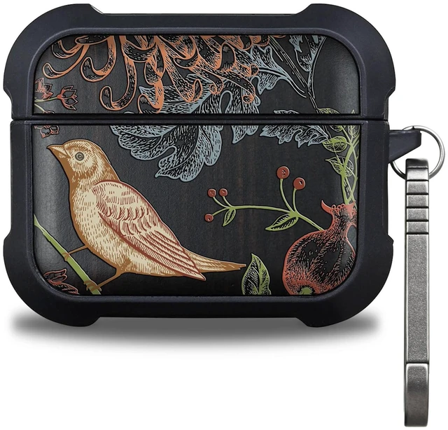 Main image of Black Solid Wood for AirPods Pro 3 Case (2025), Botanical Birds AirPods Pro Case 3rd Generation, Titanium metal Quick Released Keychain, Compatible with Wireless Charging, Hand-Drawn Style