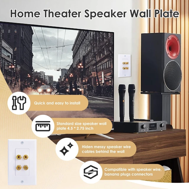 Alt view image 2 of 5 - 2 Pack Speaker Wall Plate with Mounting Bracket, 4-Port Banana Plug Gold Plated Binding Posts Banana Plug Plate for Audio Sound, Speaker Wire, Home Theater Systems, 1-Gang White