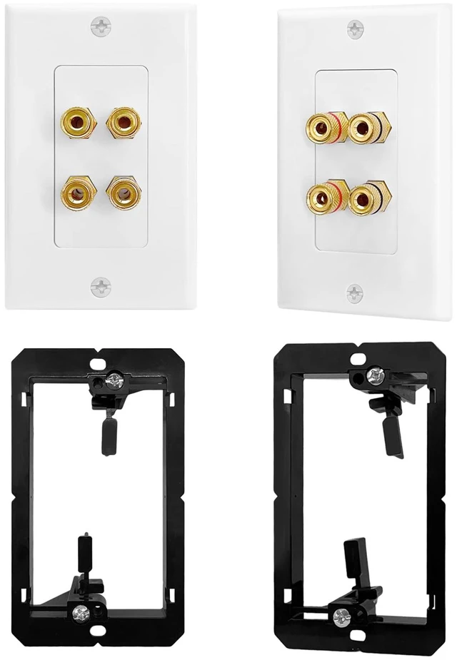 Main image of 2 Pack Speaker Wall Plate with Mounting Bracket, 4-Port Banana Plug Gold Plated Binding Posts Banana Plug Plate for Audio Sound, Speaker Wire, Home Theater Systems, 1-Gang White