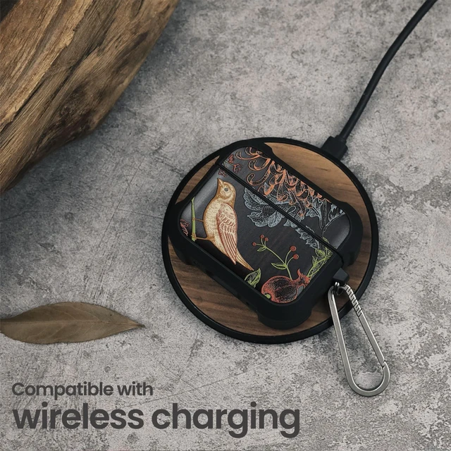 Alt view image 5 of 7 - Black Solid Wood for AirPods Pro 3 Case (2025), Botanical Birds AirPods Pro Case 3rd Generation, Titanium metal Quick Released Keychain, Compatible with Wireless Charging, Hand-Drawn Style