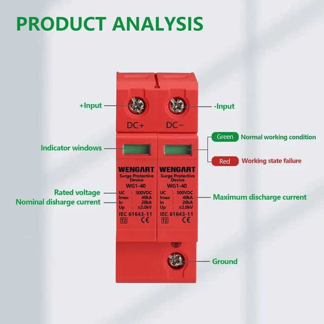 Alt view image 7 of 7 - Surge Protective Arrester Device,DC500V 2P 20~40kA 36mm DIN Rail Mount,Low Voltage Arrester Device for Lightning Protection Power Distribution and Control Appliances