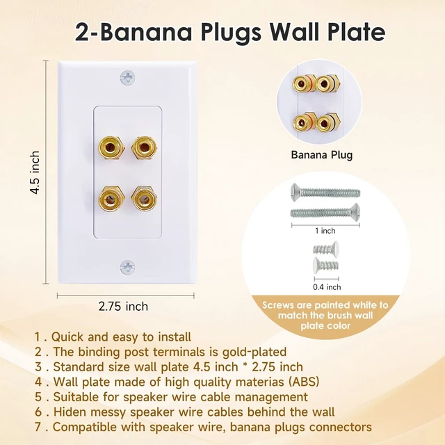 Alt view image 3 of 5 - 2 Pack Speaker Wall Plate with Mounting Bracket, 4-Port Banana Plug Gold Plated Binding Posts Banana Plug Plate for Audio Sound, Speaker Wire, Home Theater Systems, 1-Gang White