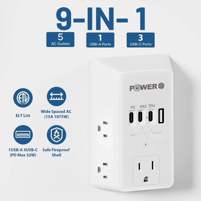 Alt view image 3 of 6 - 20W PD Fast Charging Wall Outlet with USB Ports (3C1A), Electrical Outlet Extender, Surge Protector, Wall Plug Adapter for Multiple Devices, Wall Socket Expander
