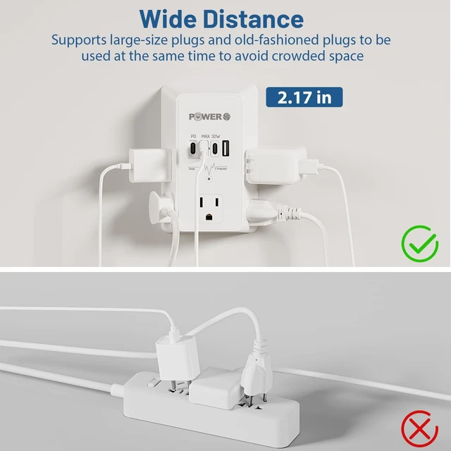 Alt view image 5 of 6 - 20W PD Fast Charging Wall Outlet with USB Ports (3C1A), Electrical Outlet Extender, Surge Protector, Wall Plug Adapter for Multiple Devices, Wall Socket Expander
