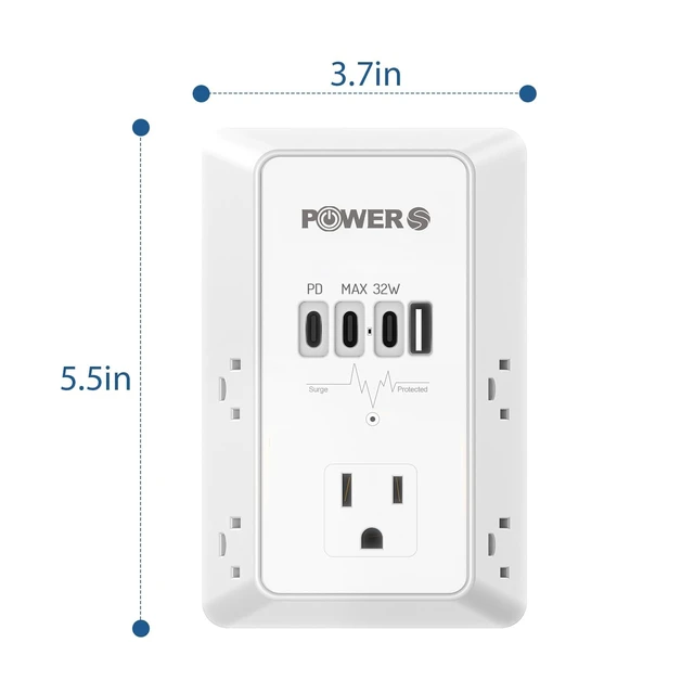 Alt view image 6 of 6 - 20W PD Fast Charging Wall Outlet with USB Ports (3C1A), Electrical Outlet Extender, Surge Protector, Wall Plug Adapter for Multiple Devices, Wall Socket Expander
