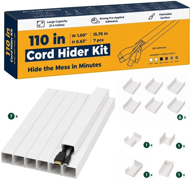 Main image of 110in Cable Raceway Kit, Cord Cover Wall Cord Hider, PVC Wire Hider Wall Mount for TV Computer Office - Self-Adhesive Wire Cover Cable Management Kit, Cord Organizer, White, 110"