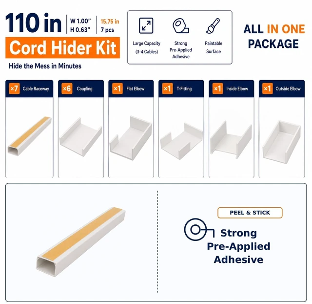 Alt view image 2 of 7 - 110in Cable Raceway Kit, Cord Cover Wall Cord Hider, PVC Wire Hider Wall Mount for TV Computer Office - Self-Adhesive Wire Cover Cable Management Kit, Cord Organizer, White, 110"
