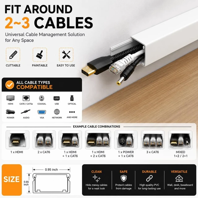 Alt view image 3 of 7 - 315in Cable Raceway Kit, Cord Cover Wall Cord Hider, PVC Wire Hider Wall Mount for TV Computer Office - Self-Adhesive Wire Cover Cable Management Kit, Paintable White Cord Organizer