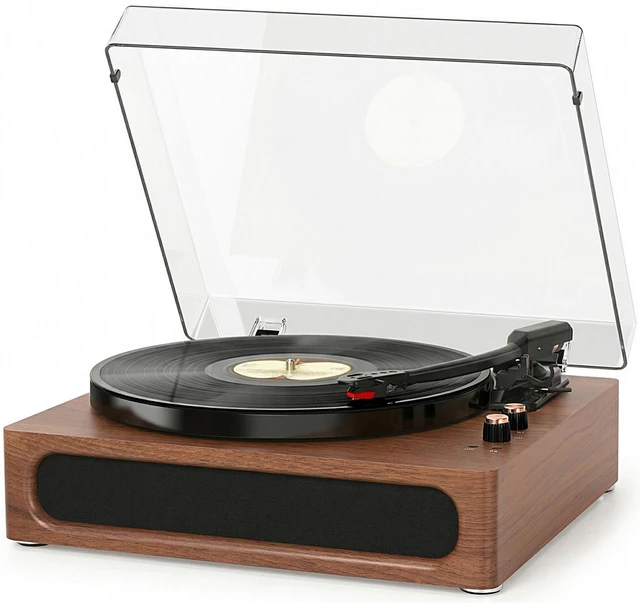 Main image of Vinyl Record Player with Speakers Mid Century Full-Size Turntable, Walnut Built-in Upgarded Speakers, Adjustable Counterweight, Bluetooth In, RCA Line-out, AUX, Headphone, Auto-Stop, Rose Gold Knob
