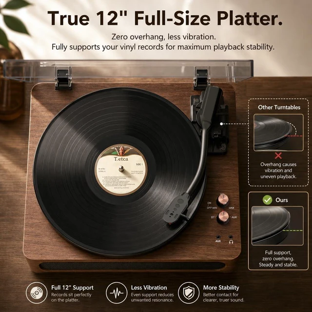 Alt view image 3 of 7 - Vinyl Record Player with Speakers Mid Century Full-Size Turntable, Walnut Built-in Upgarded Speakers, Adjustable Counterweight, Bluetooth In, RCA Line-out, AUX, Headphone, Auto-Stop, Rose Gold Knob