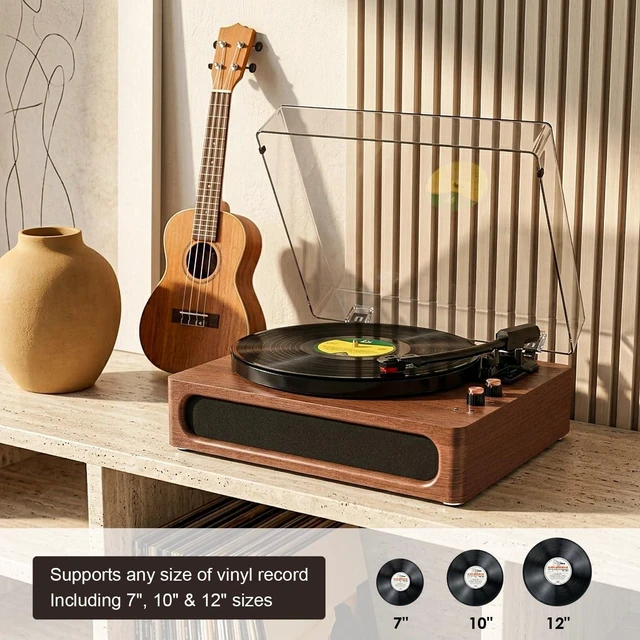 Alt view image 2 of 7 - Vinyl Record Player with Speakers Mid Century Full-Size Turntable, Walnut Built-in Upgarded Speakers, Adjustable Counterweight, Bluetooth In, RCA Line-out, AUX, Headphone, Auto-Stop, Rose Gold Knob