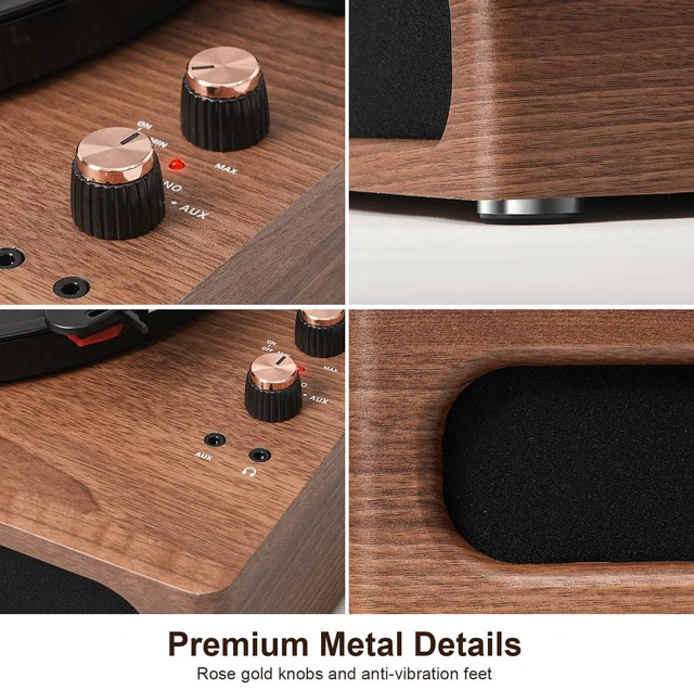 Alt view image 4 of 7 - Vinyl Record Player with Speakers Mid Century Full-Size Turntable, Walnut Built-in Upgarded Speakers, Adjustable Counterweight, Bluetooth In, RCA Line-out, AUX, Headphone, Auto-Stop, Rose Gold Knob