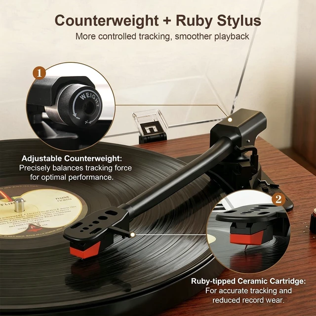 Alt view image 5 of 7 - Vinyl Record Player with Speakers Mid Century Full-Size Turntable, Walnut Built-in Upgarded Speakers, Adjustable Counterweight, Bluetooth In, RCA Line-out, AUX, Headphone, Auto-Stop, Rose Gold Knob