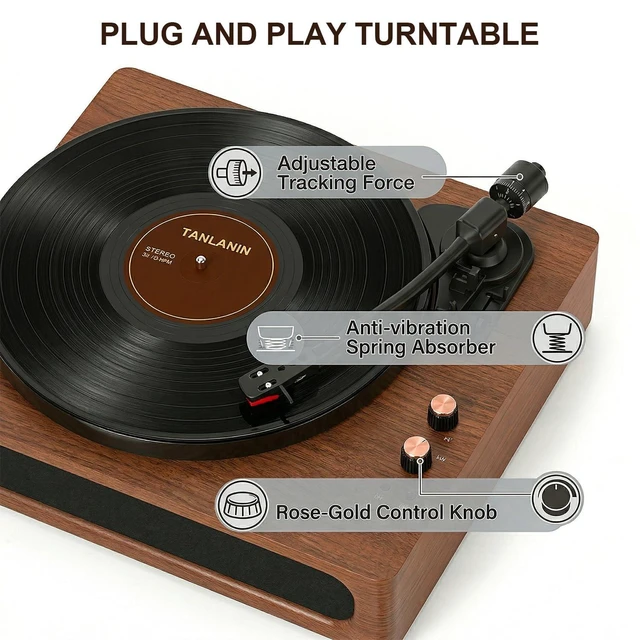 Alt view image 7 of 7 - Vinyl Record Player with Speakers Mid Century Full-Size Turntable, Walnut Built-in Upgarded Speakers, Adjustable Counterweight, Bluetooth In, RCA Line-out, AUX, Headphone, Auto-Stop, Rose Gold Knob