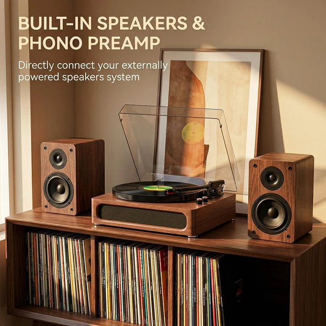 Alt view image 6 of 7 - Vinyl Record Player with Speakers Mid Century Full-Size Turntable, Walnut Built-in Upgarded Speakers, Adjustable Counterweight, Bluetooth In, RCA Line-out, AUX, Headphone, Auto-Stop, Rose Gold Knob