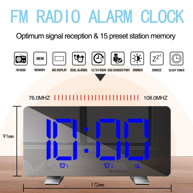 Alt view image 5 of 7 - Digital Alarm Clock with Radio 2 Alarm Setting USB Port for Charge 76.0MHZ-108.0MHZ,4 Adjustable Brightness, Snooze