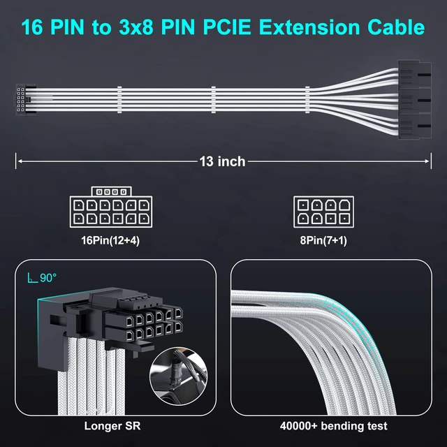Alt view image 6 of 7 - 16Pin to 3X8Pin GPU Power 12VHPWR Adapter PCIe 5.0 Extension Cable Right Angled 12V-2X6 Male to Female, 90 Degree GPU Power Adapter Cable, for RTX 3090Ti 4080 4070 Super 5080 5070Ti-13inch
